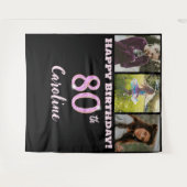 Happy 80th Birthday Party, Pink Glitter & 3 foto's Wandkleed (Voorkant (horizontaal))