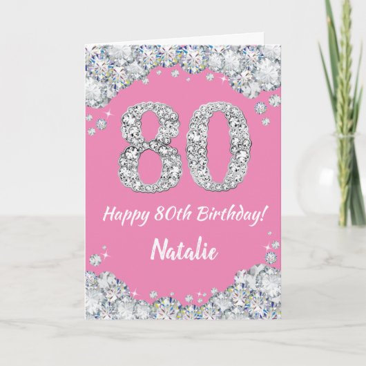 Happy 80th Birthday Pink en Silver Glitter Card Kaart (Voorkant)