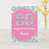 Happy 80th Birthday Pink en Silver Glitter Card Kaart (Gele Bloem)
