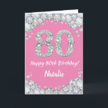 Happy 80th Birthday Pink en Silver Glitter Card Kaart<br><div class="desc">Fijne 80ste verjaardag Roze en Zilveren Glitter Kaart met gepersonaliseerde naam. Voor verdere aanpassing,  te klikken gelieve de knoop "van de Aanpassing het"en ons ontwerphulpmiddel te gebruiken om deze sjabloon te wijzigen.</div>