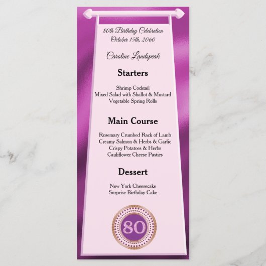 Happy 80th Birthday Pink Glitter Folie Menu (Voorkant)