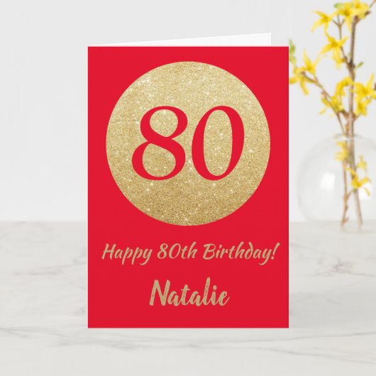 Happy 80th Birthday Red en Gold Glitter Card Kaart (Gele Bloem)