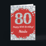 Happy 80th Birthday Red en Silver Glitter Card Kaart<br><div class="desc">Fijne 80ste Birthday Red en Silver Glitter Card met persoonlijke naam. Voor verdere aanpassing,  te klikken gelieve de knoop "van de Aanpassing het"en ons ontwerphulpmiddel te gebruiken om deze sjabloon te wijzigen.</div>