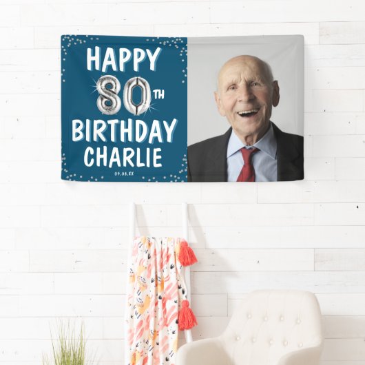 Happy 80th Birthday Silver Balloons Fotobanner Spandoek (Insitu)