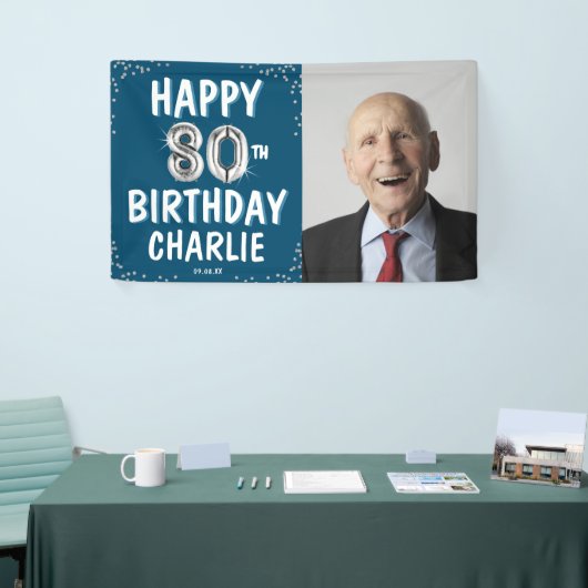 Happy 80th Birthday Silver Balloons Fotobanner Spandoek (Beurs)