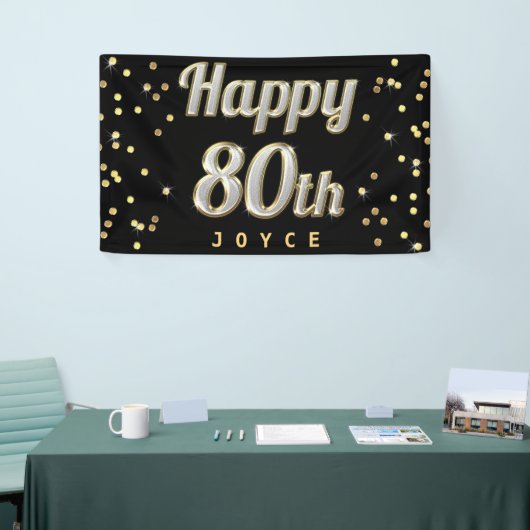 Happy 80th Bling Typography Gold Confetti Black Spandoek (Beurs)