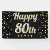 Happy 80th Bling Typography Gold Confetti Black Spandoek (Horizontaal)