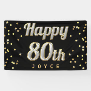 Happy 80th Bling Typography Gold Confetti Black Spandoek
