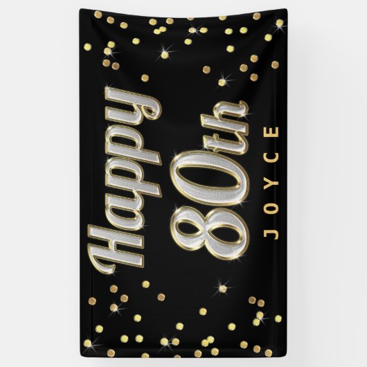Happy 80th Bling Typography Gold Confetti Black Spandoek (Verticaal)