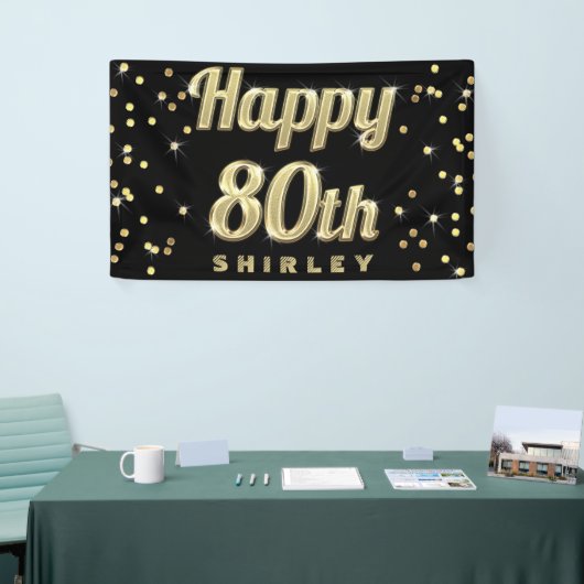 Happy 80th Gold Bling Typography Confetti Black Spandoek (Beurs)