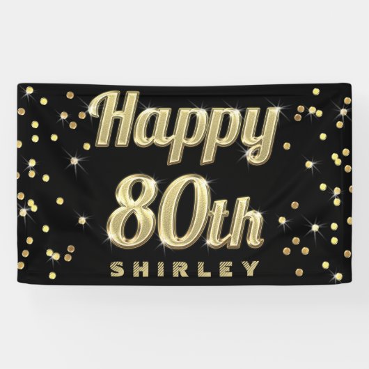 Happy 80th Gold Bling Typography Confetti Black Spandoek (Horizontaal)