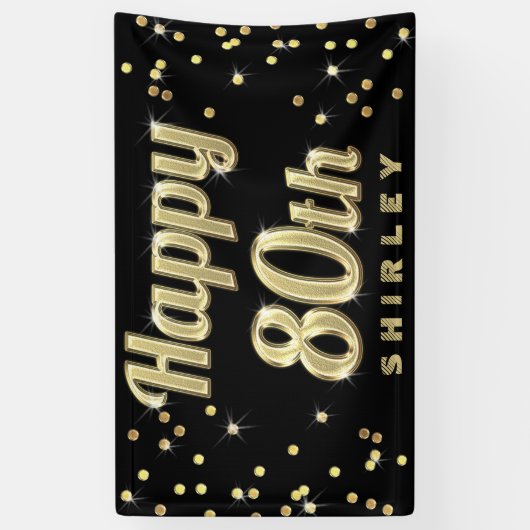 Happy 80th Gold Bling Typography Confetti Black Spandoek (Verticaal)