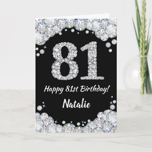 Happy 81st Birthday Black en Silver Glitter Card Kaart (Voorkant)