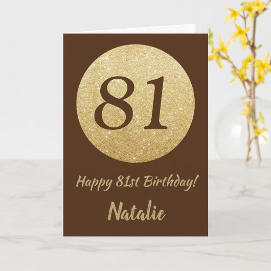 Happy 81st Birthday Brown en Gold Glitter Kaart (Gele Bloem)