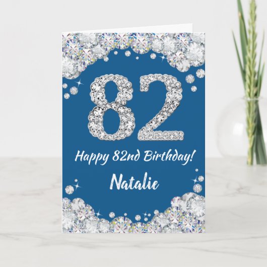 Happy 82e verjaardag Blue en Silver Glitter Card Kaart (Voorkant)
