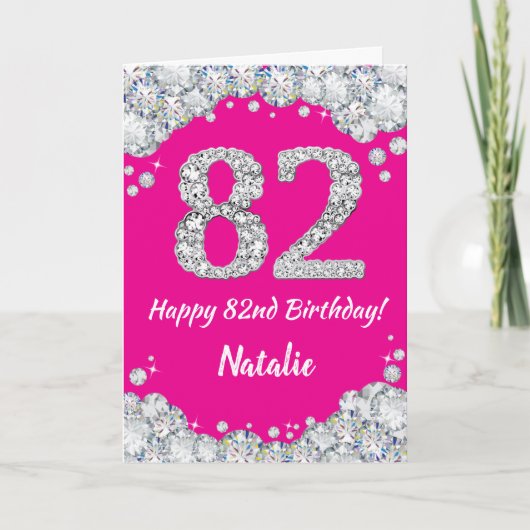 Happy 82e verjaardag Hot Pink en Silver Glitter Kaart (Voorkant)