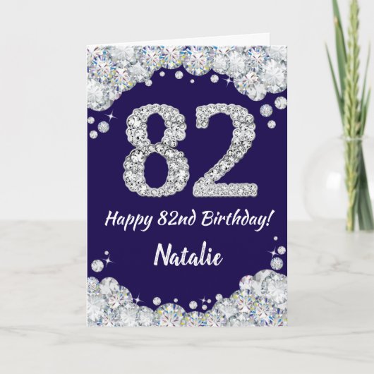 Happy 82e verjaardag Navy Blue en Silver Glitter Kaart (Voorkant)