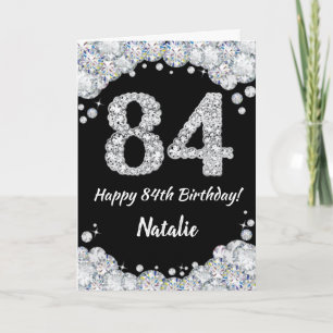 Happy 84th Birthday Black en Silver Glitter Card Kaart