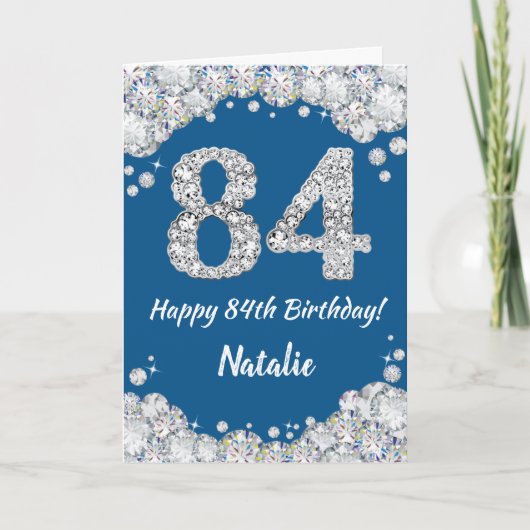 Happy 84th Birthday Blue en Silver Glitter Card Kaart (Voorkant)