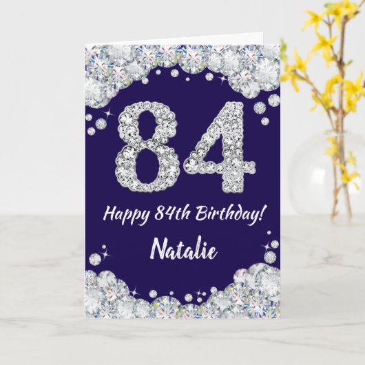Happy 84th Birthday Navy Blue en Silver Glitter Kaart (Gele Bloem)