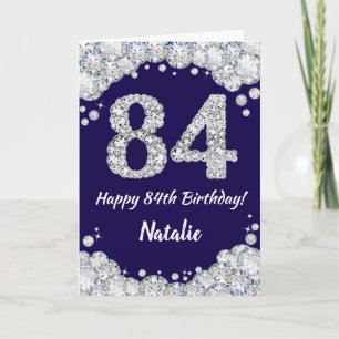 Happy 84th Birthday Navy Blue en Silver Glitter Kaart