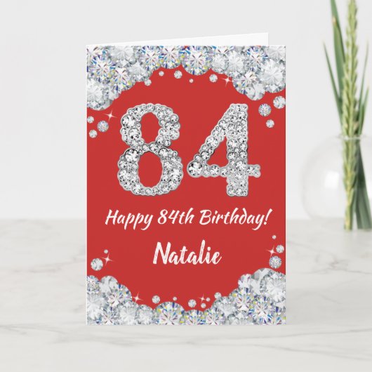Happy 84th Birthday Red en Silver Glitter Card Kaart (Voorkant)