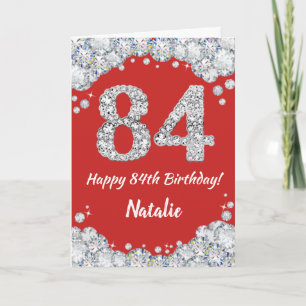 Happy 84th Birthday Red en Silver Glitter Card Kaart