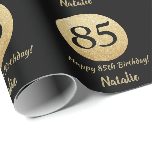 Happy 85th Birthday Black en Gold Glitter Cadeaupapier (Rol Hoek)