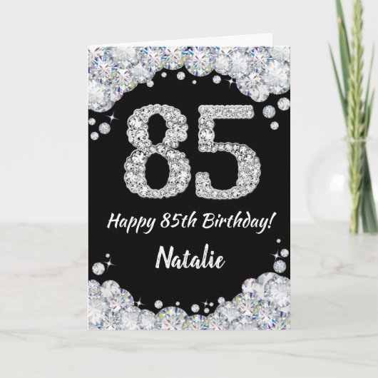 Happy 85th Birthday Black en Silver Glitter Card Kaart (Voorkant)