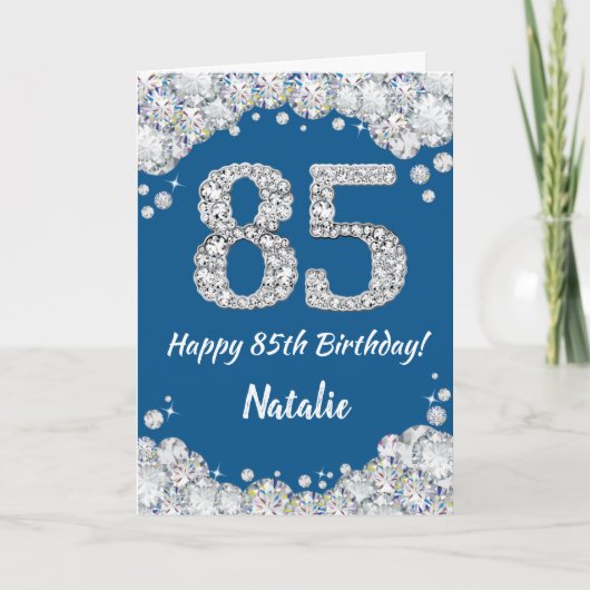 Happy 85th Birthday Blue en Silver Glitter Card Kaart (Voorkant)