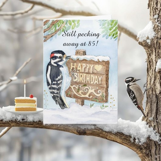 Happy 85th Birthday Downy Woodpecker Kaart