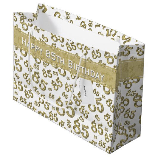 Happy 85th Birthday Gold en White Number Pattern Groot Cadeauzakje (Voorkant Gekanteld)