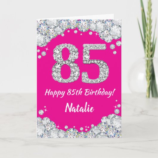Happy 85th Birthday Hot Pink en Silver Glitter Kaart (Voorkant)