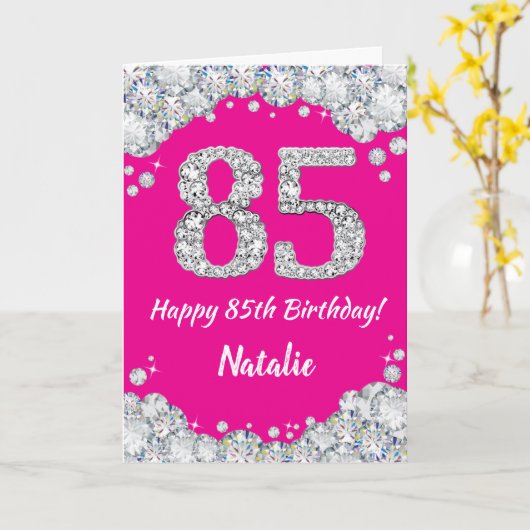 Happy 85th Birthday Hot Pink en Silver Glitter Kaart (Gele Bloem)