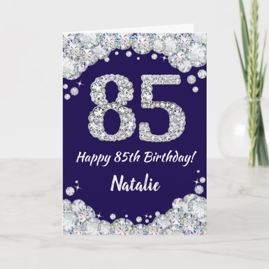 Happy 85th Birthday Navy Blue en Silver Glitter Kaart (Voorkant)