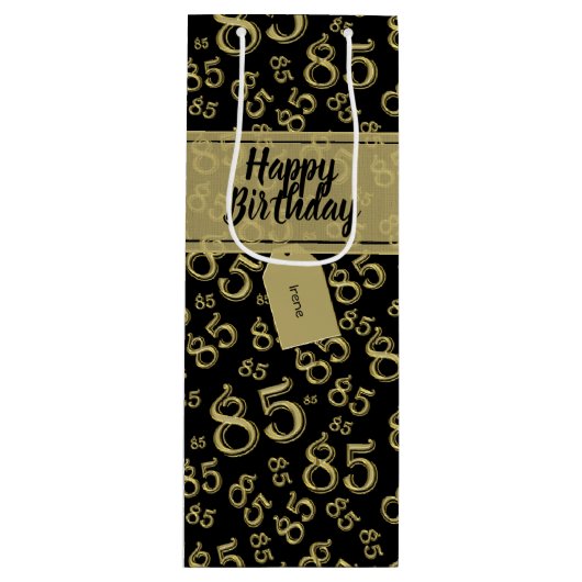 Happy 85th Birthday Number Pattern Black/Gold Wijn Cadeautas (Voorkant)
