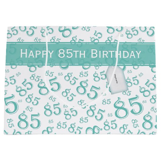 Happy 85th Birthday Number Pattern Blauwgroen/Whit Groot Cadeauzakje (Voorkant)