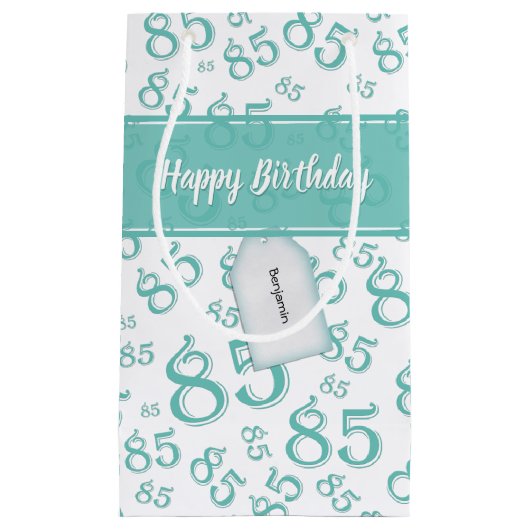 Happy 85th Birthday Number Pattern Blauwgroen/Whit Klein Cadeauzakje (Voorkant)