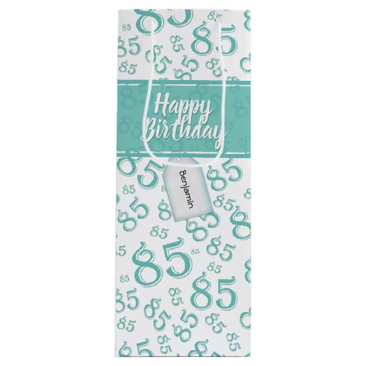 Happy 85th Birthday Number Pattern Blauwgroen/Whit Wijn Cadeautas (Voorkant)