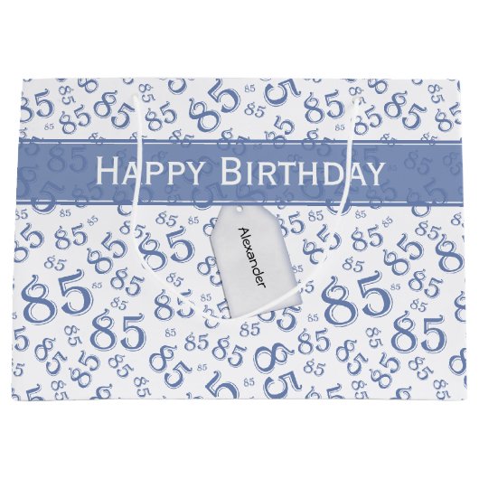 Happy 85th Birthday Number Pattern Blue/White Groot Cadeauzakje (Voorkant)