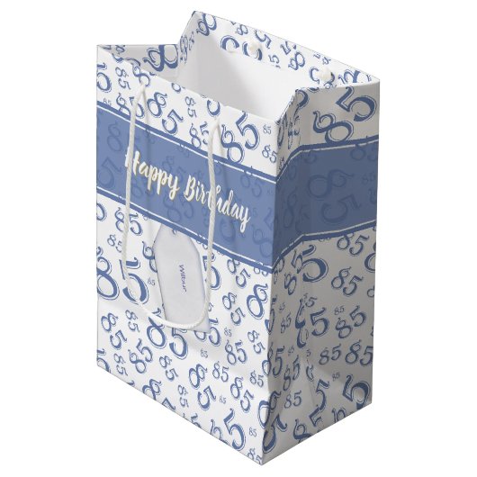 Happy 85th Birthday Number Pattern Blue/White Medium Cadeauzakje (Voorkant Gekanteld)