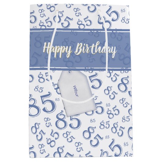 Happy 85th Birthday Number Pattern Blue/White Medium Cadeauzakje (Voorkant)