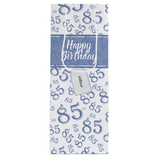Happy 85th Birthday Number Pattern Blue/White Wijn Cadeautas (Voorkant)