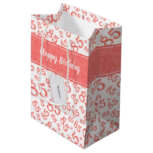 Happy 85th Birthday Number Pattern Coral/White Medium Cadeauzakje (Voorkant Gekanteld)