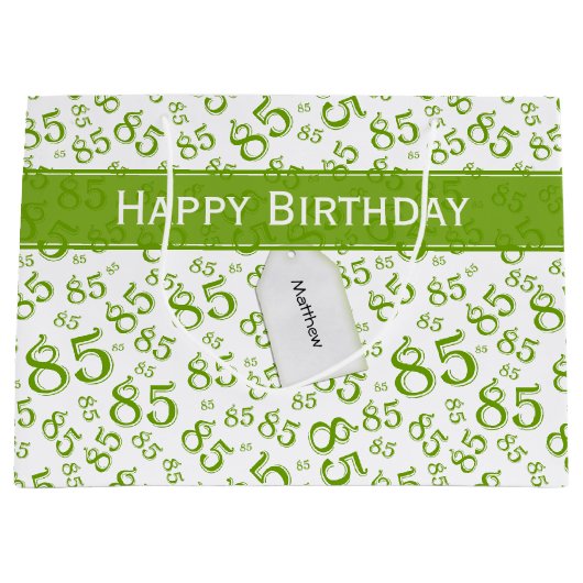 Happy 85th Birthday Number Pattern Green/White Groot Cadeauzakje (Voorkant)