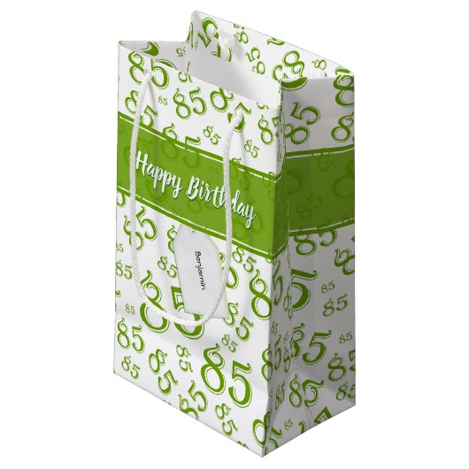 Happy 85th Birthday Number Pattern Green/White Klein Cadeauzakje (Voorkant Gekanteld)