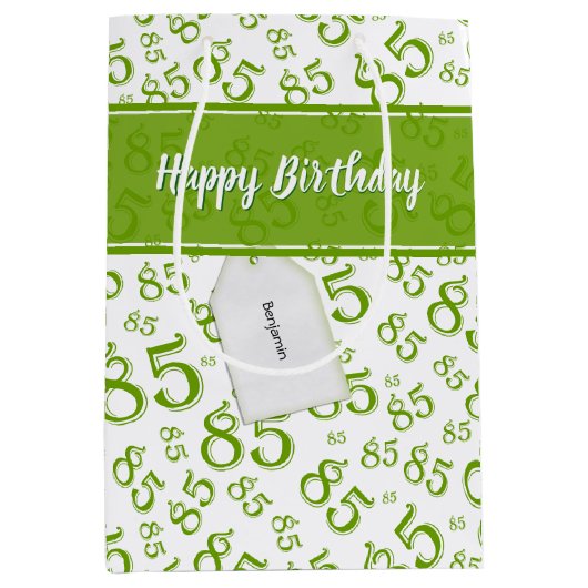 Happy 85th Birthday Number Pattern Green/White Medium Cadeauzakje (Voorkant)
