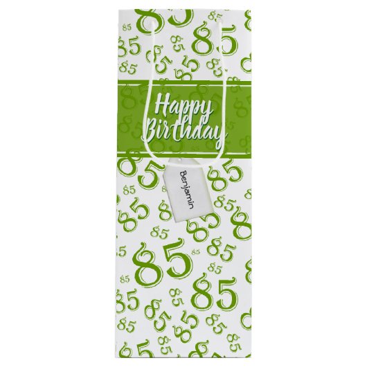 Happy 85th Birthday Number Pattern Green/White Wijn Cadeautas (Voorkant)