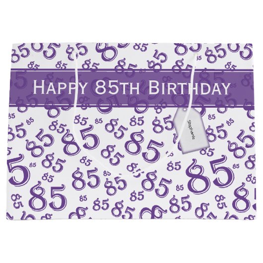 Happy 85th Birthday Number Pattern Paars/White Groot Cadeauzakje (Voorkant)