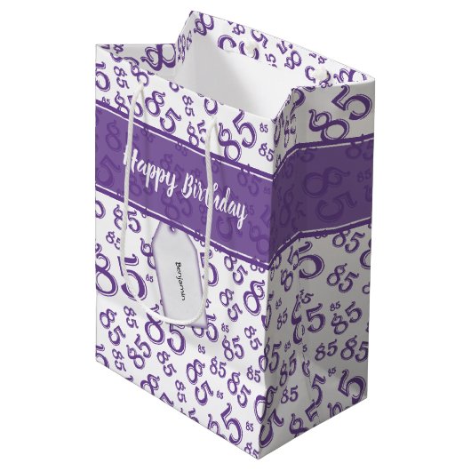 Happy 85th Birthday Number Pattern Paars/White Medium Cadeauzakje (Voorkant Gekanteld)